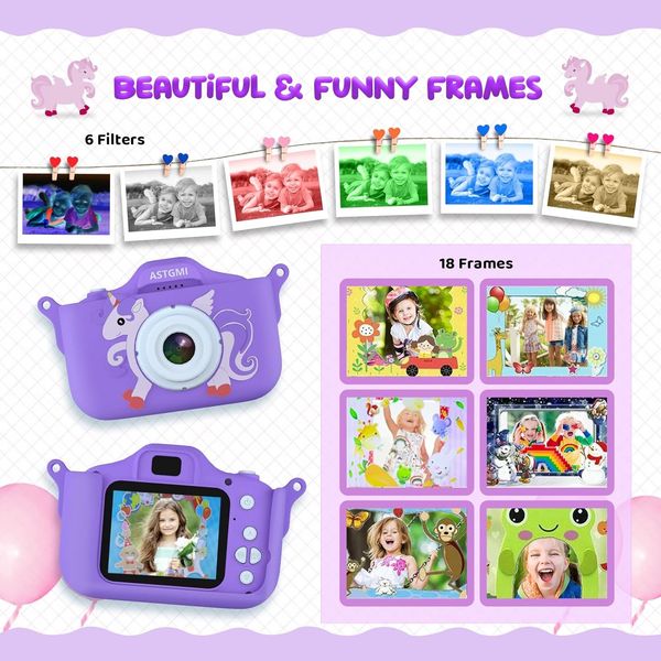 Дитяча цифрова камера HD із SD-картою на 32 ГБ, 12 Мп, фіолетова 1163 фото