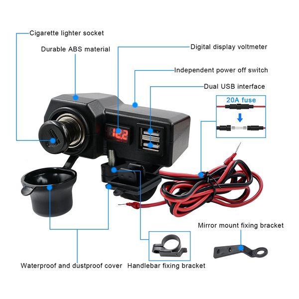 Зарядное устройство для мотоцикла 3,4 A, двойной USB 10–24 В с измерителем напряжения 0824 фото