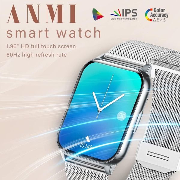 Водонепроницаемые женские умные часы ANMI 1,96 дюйма, Bluetooth, серебристый 1483 фото