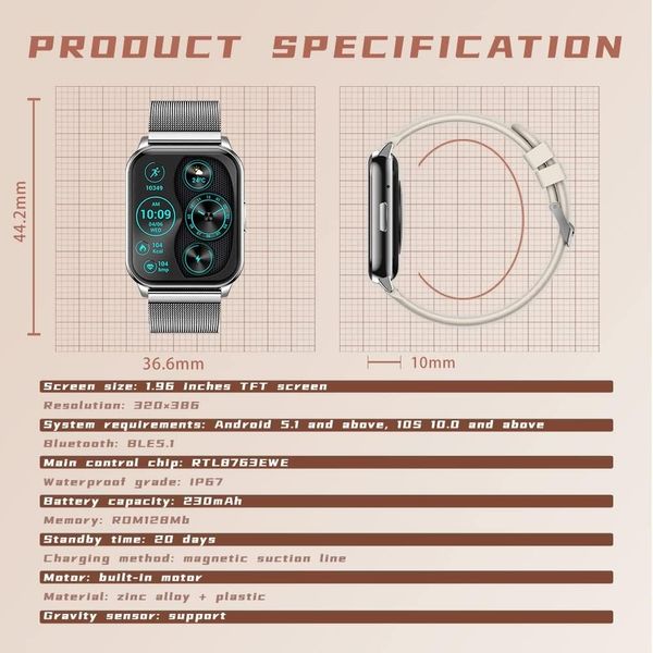 Водонепроникний жіночий розумний годинник ANMI 1,96 дюйма, Bluetooth, сріблястий 1483 фото