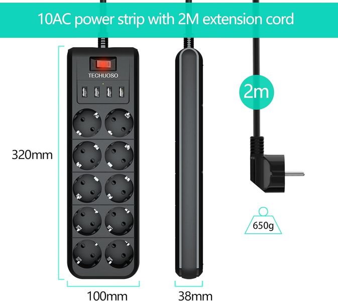 Подовжувач на 10 гнізд Techuoso (16A/4000Вт), 4 порти USB з захистом від перенапруги 1128 фото