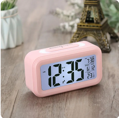 Цифровой будильник со светодиодным экраном и ночником, розовый 1373 фото