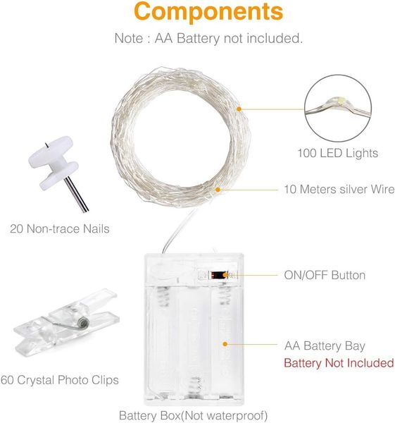 Світлодіодна LED гірлянда з прищіпками для фото Llitogo 100 шт, 10 м, теплий білий 1216 фото