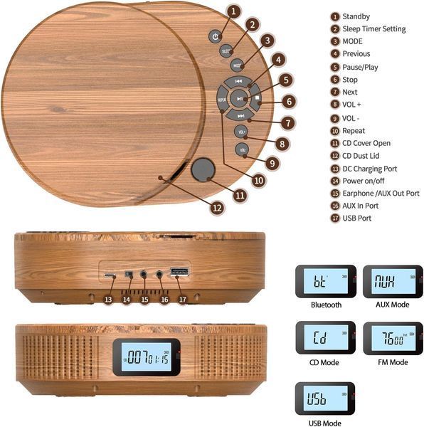 Портативный CD-плеер Arafuna 2211T-05 с Bluetooth динамиками и FM-радио (Log) M3329 фото