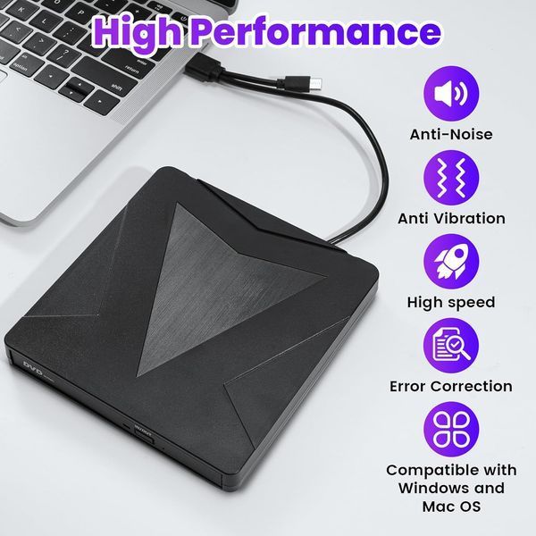 Внешний оптический привод Wowfast XD012 DVD/CD-RW USB 3.0 & Type-C Black T3565 фото