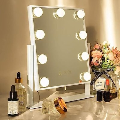 Косметическое зеркало для макияжа 25х30 см с подсветкой Hansong Hollywood 9 лампочек DC117-2, белое 0113 фото