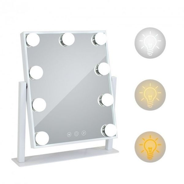 Косметическое зеркало для макияжа 25х30 см с подсветкой Hansong Hollywood 9 лампочек DC117-2, белое 0113 фото