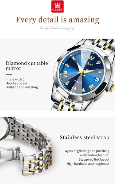 Жіночий кварцовий годинник Olevs водонепроникний, сріблястий з синім циферблатом 0366 фото