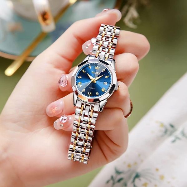 Жіночий кварцовий годинник Olevs водонепроникний, сріблястий з синім циферблатом 0366 фото