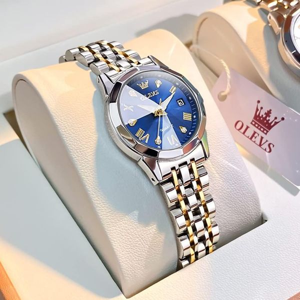 Женские кварцевые часы Olevs водонепроницаемые, серебристые с синим циферблатом 0366 фото
