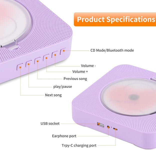 Портативний CD-програвач Yintiny Cute Purple із Bluetooth 5.0 1839 фото