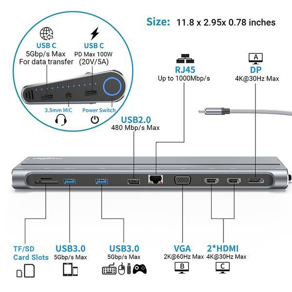 Док-станция USB-C 14-в-1 для ноутбуков Apple MacBook, HP, Dell, Surface и Huawei MT4004 фото