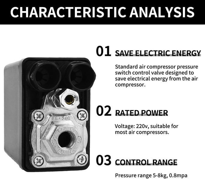 Пресостат для компресора 220 В під один вихід 90-120 PSI 0882 фото
