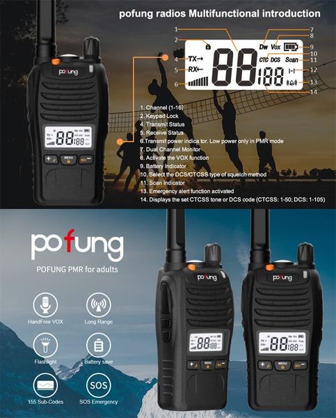 Радіостанція 2 шт. 16CH зі світлодіодним дисплеєм Pofung PT88 PRO з навушниками, чорний 0409 фото