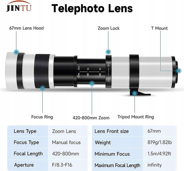 Телеоб'єктив JINTU 420-800mm f/8.3 з ручним збільшенням для дзеркальних фотоапаратів Nikon 0034 фото