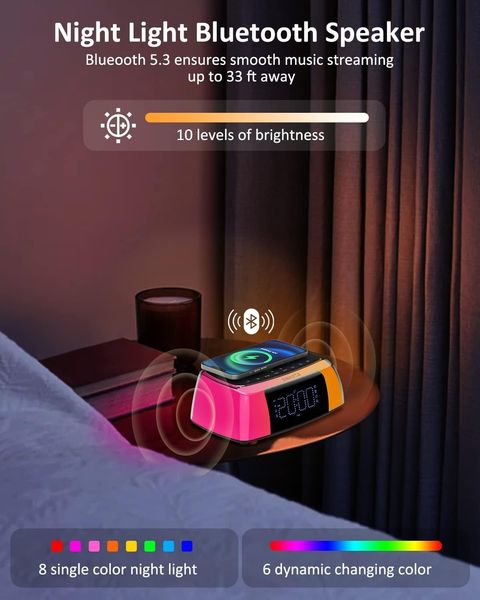 Прикроватный годинник-будильник с беспроводной зарядкой, динамик Bluetooth, ночник, 10 Вт 1225 фото