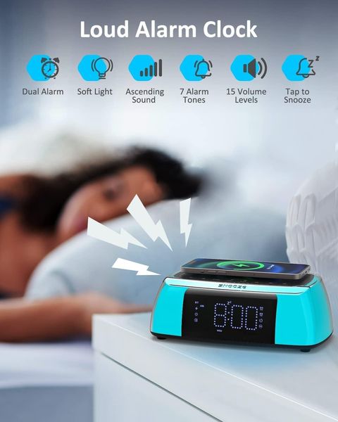 Приліжковий годинник-будильник із бездротовою зарядкою, динамік Bluetooth, нічник, 10 Вт 1225 фото