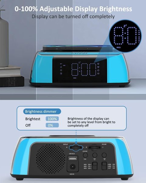 Прикроватный годинник-будильник с беспроводной зарядкой, динамик Bluetooth, ночник, 10 Вт 1225 фото