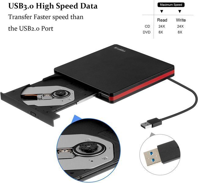 Зовнішній портативний CD/DVD +/-RW-привід USB 3.0 Rioddas  T1138 фото