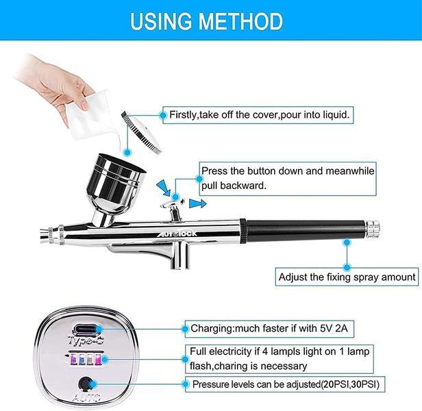 Акумуляторний аерограф із компресором Autolock PQ001-30 (0.3 мм, 32 PSI) Black T3050 фото