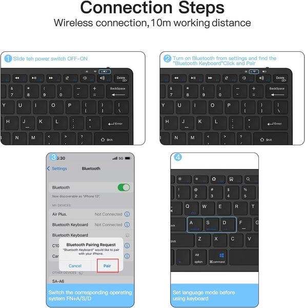 Бездротова Bluetooth клавіатура для iOS/Android/Windows, чорна 1282 фото