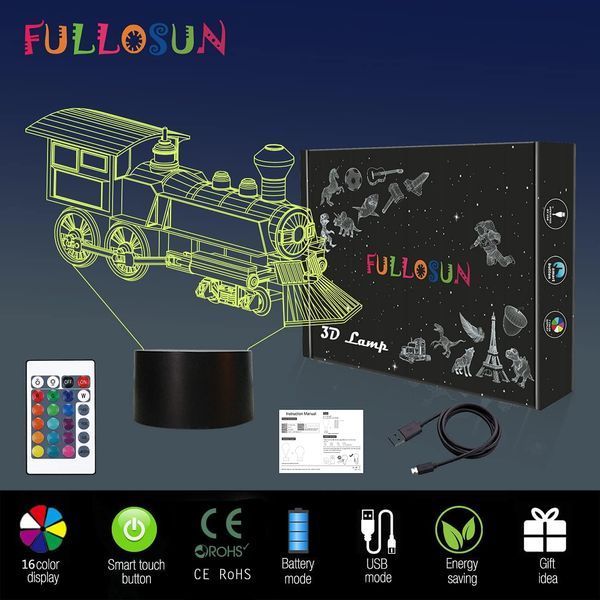 Дитячий 3D-нічник FULLOSUN Потяг із пультом та 16 кольорами підсвічування T3097 фото