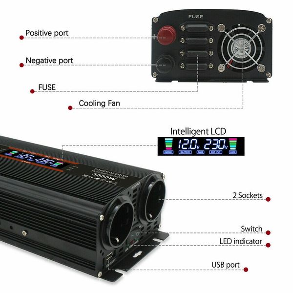 Перетворювач напруги 3000 Вт  інвертор живлення 12 В до 230 В USB з LCD-екраном 0844 фото