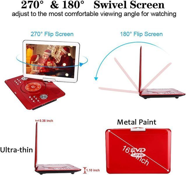Портативний DVD-плеєр YOOHOO 14.1" з поворотним екраном та акумулятором 6 годин Red M3345 фото