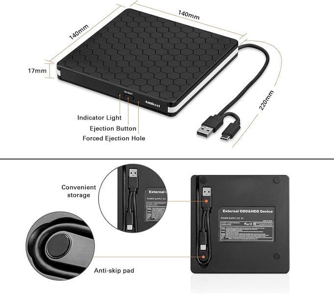 Зовнішній CD/DVD оптичний привід Amicool USB 3.0 Type-C T2302 фото